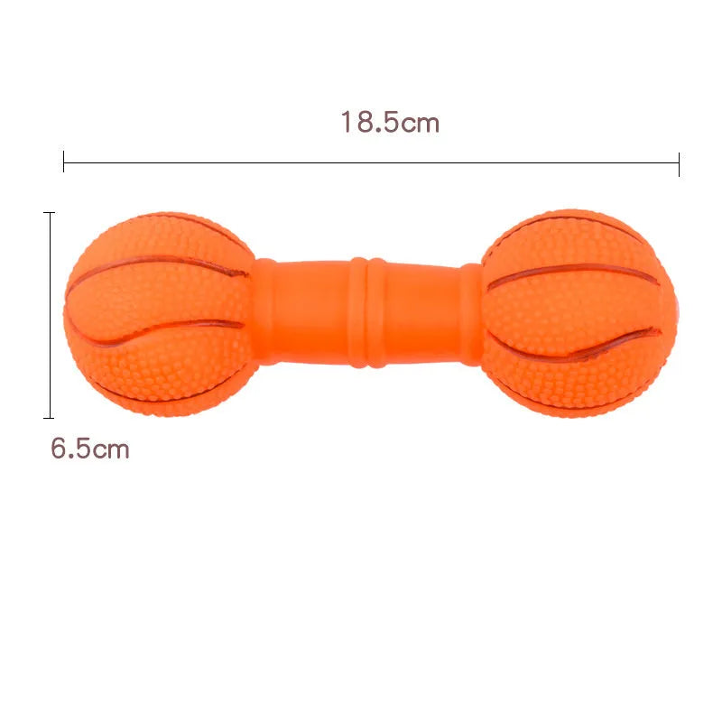 Four coloured brown, orange, white, yellow dumbbell shaped squeaky football dog toys.
