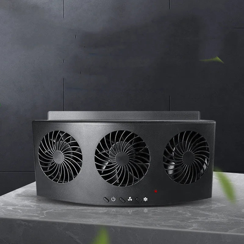 Portable black and white car ventilation fan with USB power cord for reducing exhaust odour