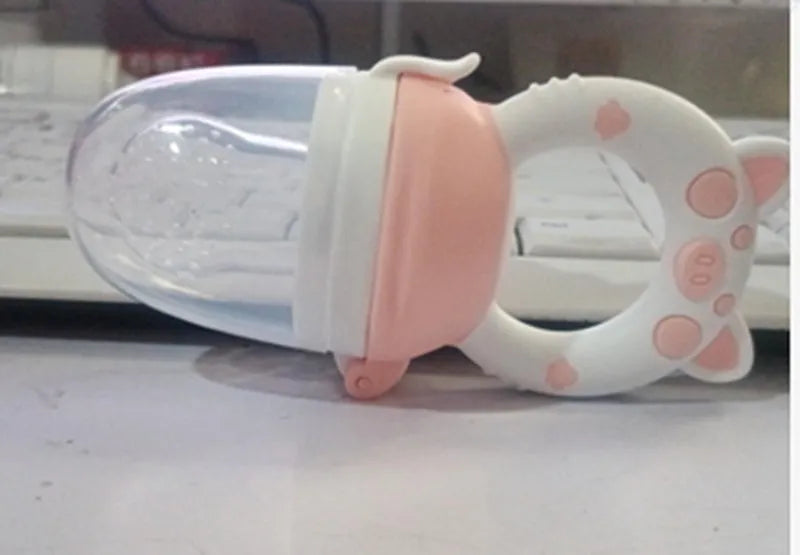 Silicone baby teether in blue, green, and pink colours with mouthpiece design options