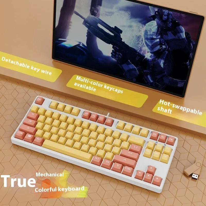 87 key wired mechanical keyboard with hot-swappable switches showing dual-colour keycap theme on metal body