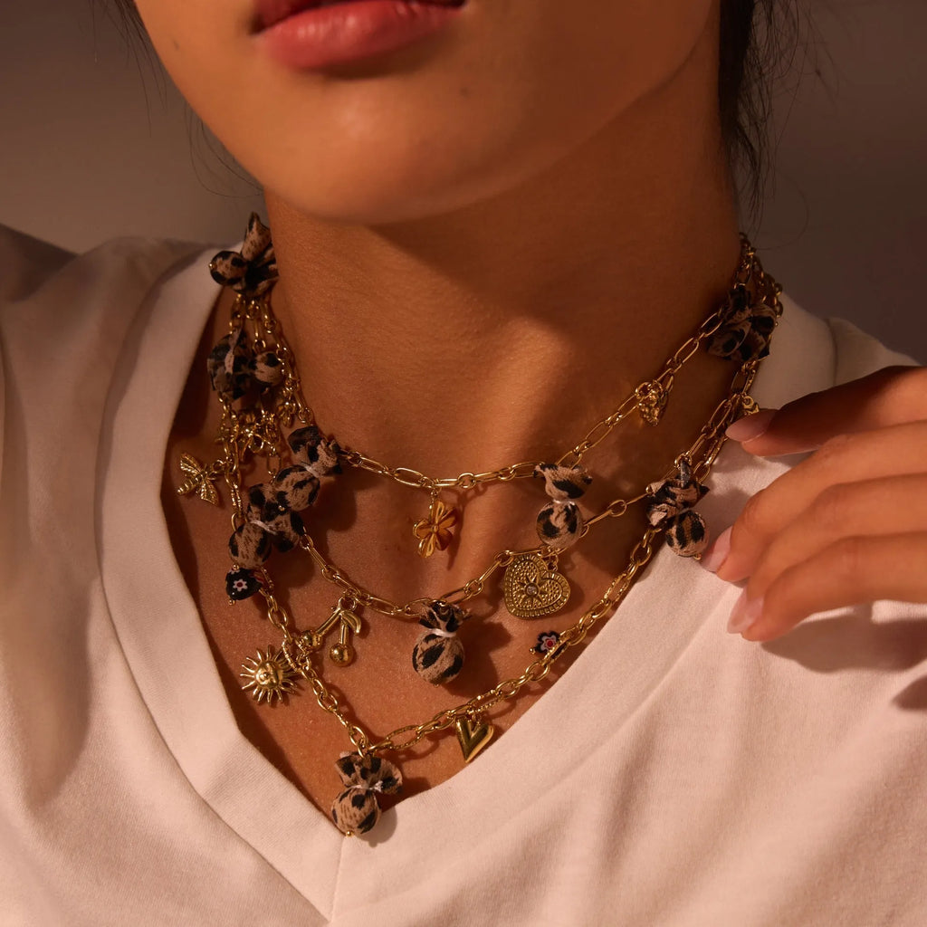Stainless steel necklace with gold electroplated leopard pendant featuring love heart flowers on geometric design