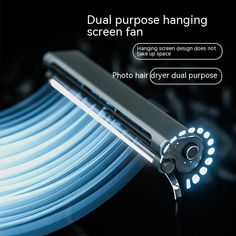 Black USB bladeless clip-on desk fan with LED lighting attached to computer screen