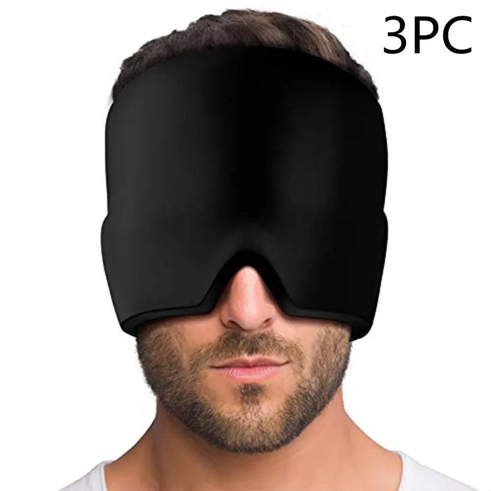 Black elastic cloth gel eye mask for headache relief showing adjustable design