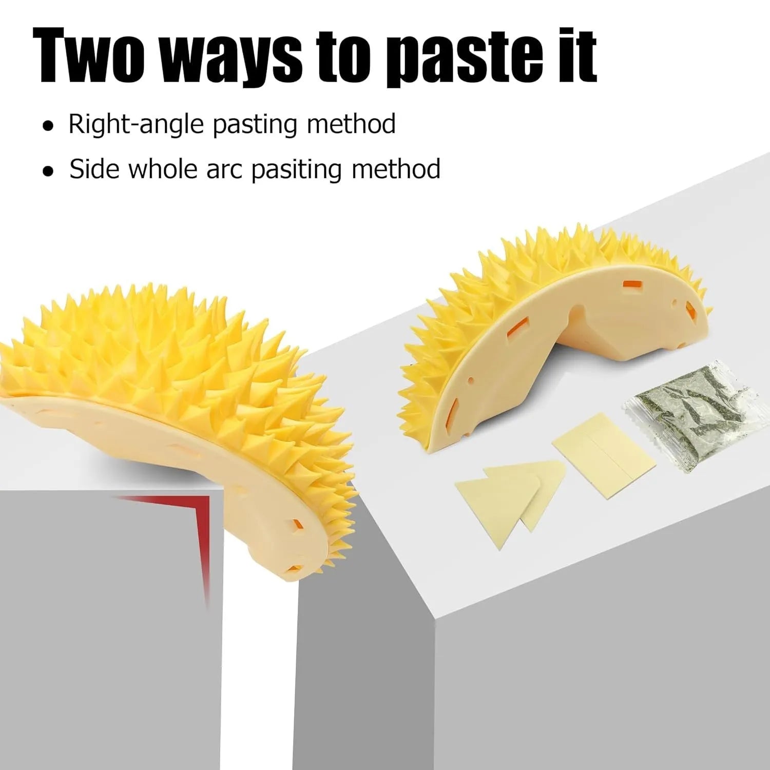 Yellow durian-shaped cat corner scratcher with massage comb and catnip powder