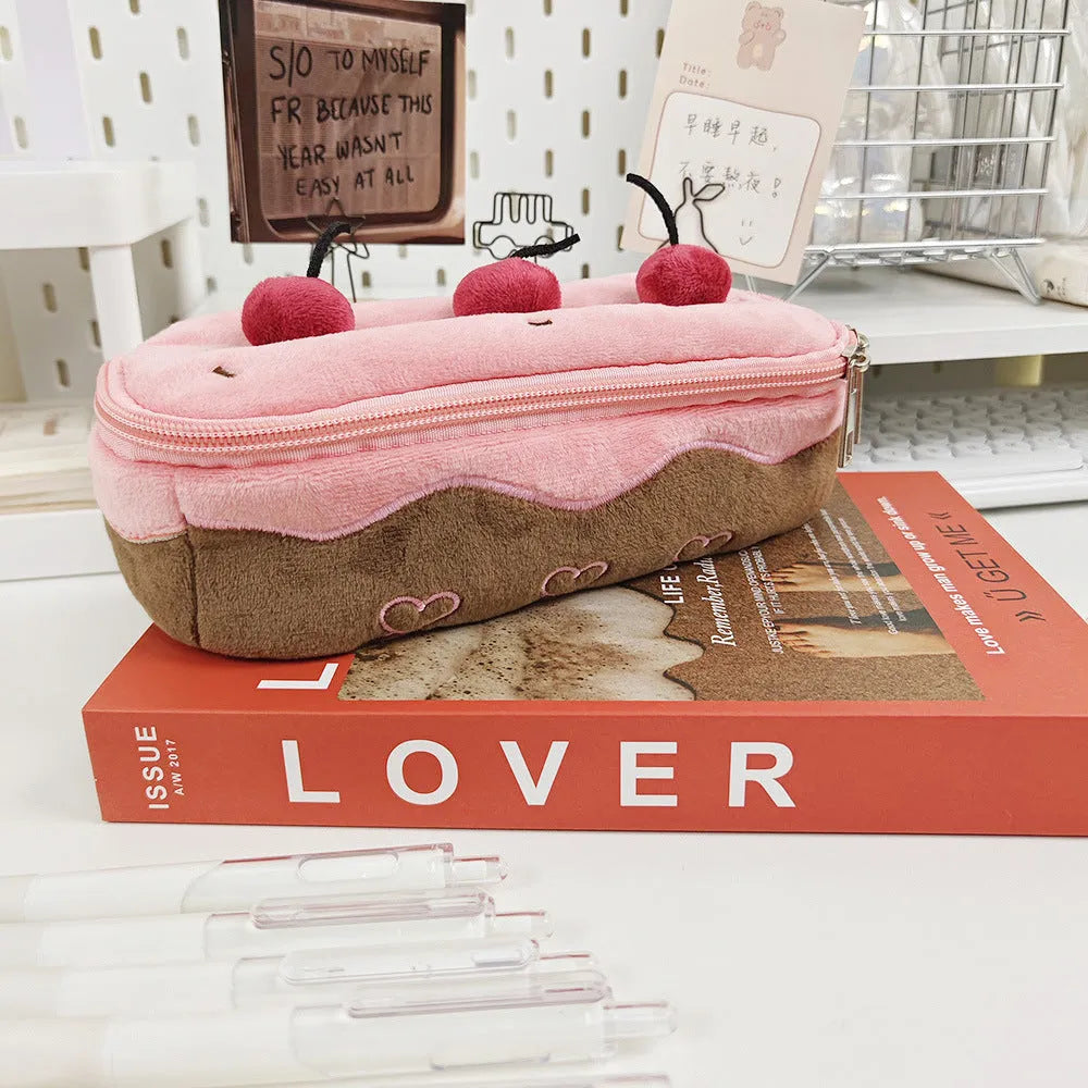 Cherry Cake plush design velvet pencil case with zip closure, Korean style