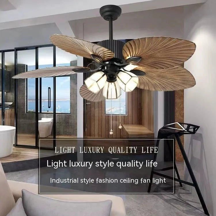 52-inch retro-style ceiling fan light with wooden blades and integrated lighting fixtures
