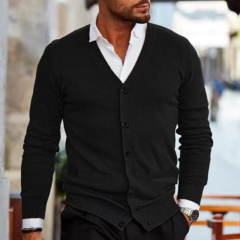 Men's slim fit acrylic cardigan sweater in autumn colours on hanger