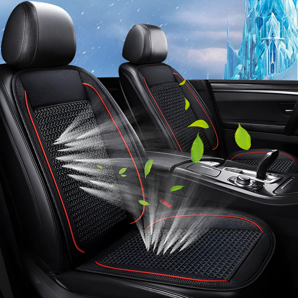 Black car ventilation massage seat cushion with power cord on vehicle seat