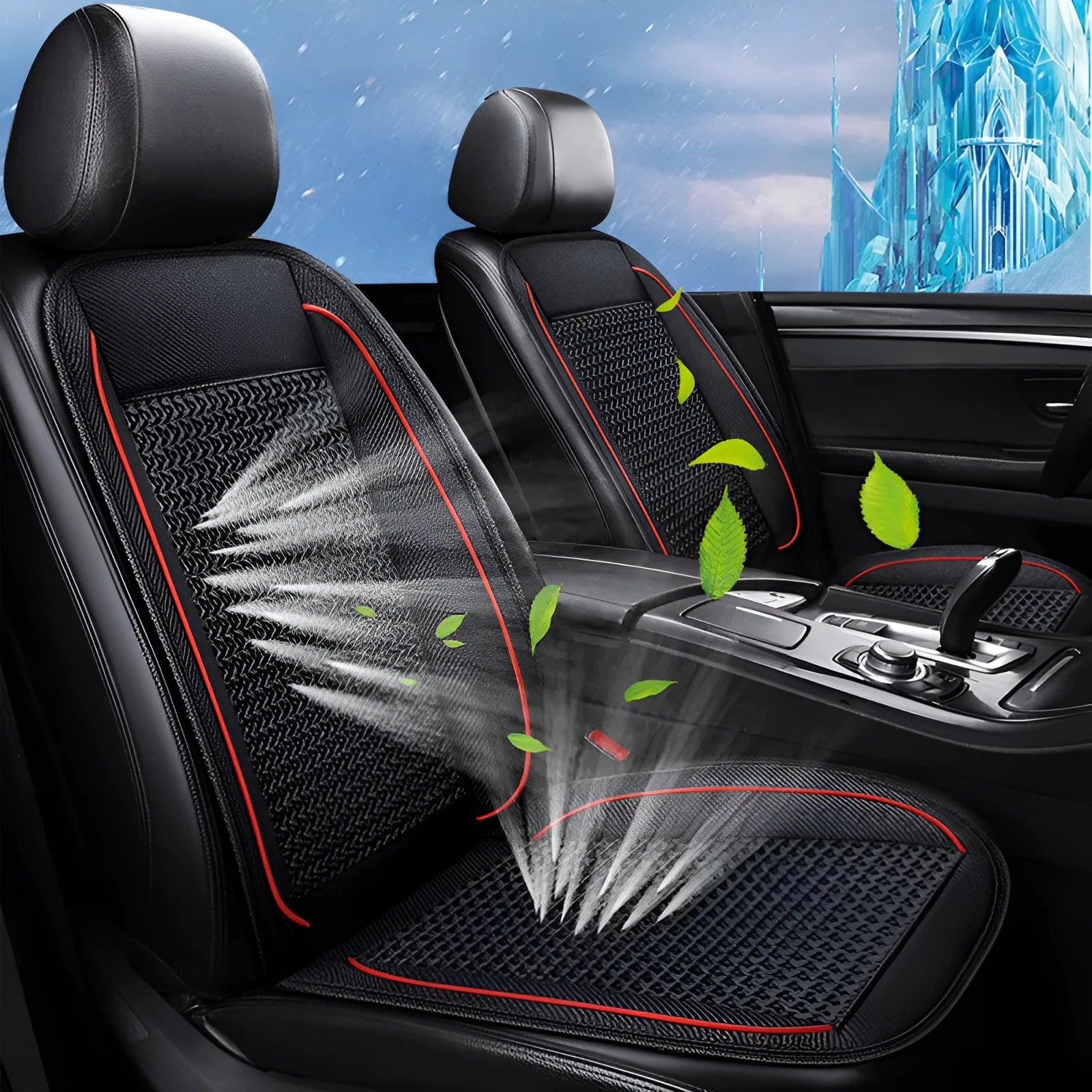 Black car ventilation massage seat cushion with power cord on vehicle seat