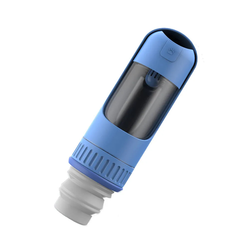 Portable dog water bottle with integrated drinking bowl in dark blue colour