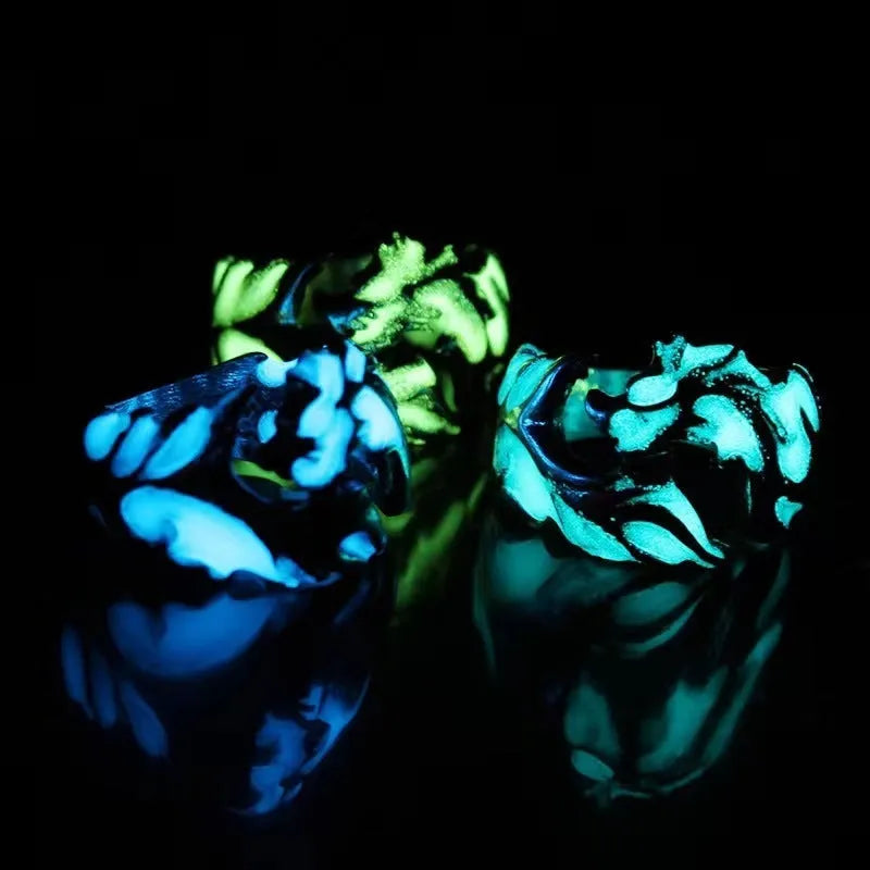 Adjustable luminous dragon pattern ring in archaism silver blue and green colours