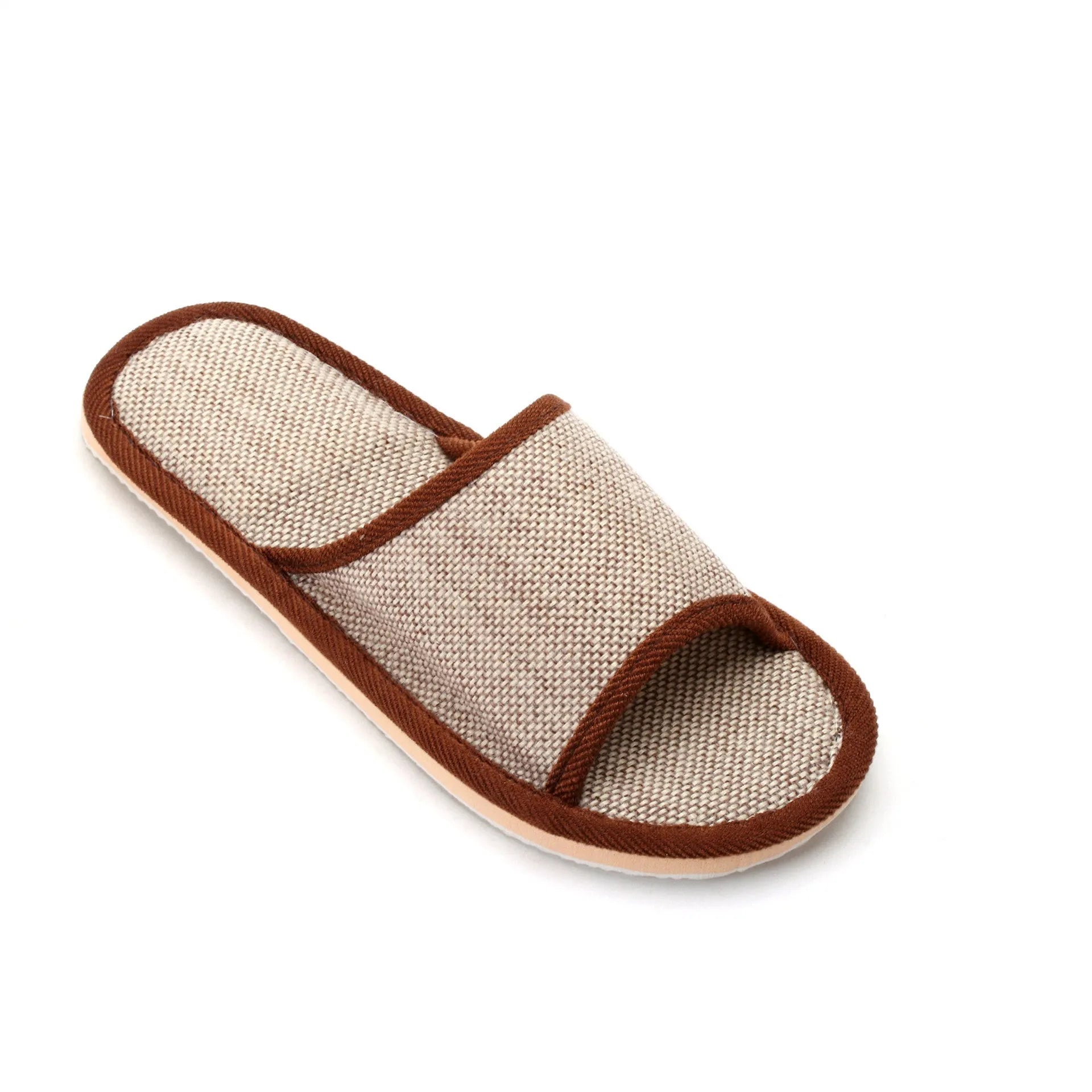 Women's linen open toe slippers in dark coffee and light brown with thickened sole