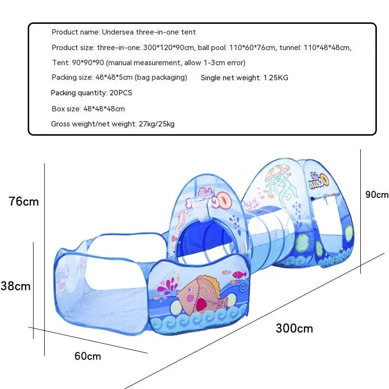 Three-in-one children's tent with marine cartoon design showing fabric tent, ball pool and connecting tunnel sections