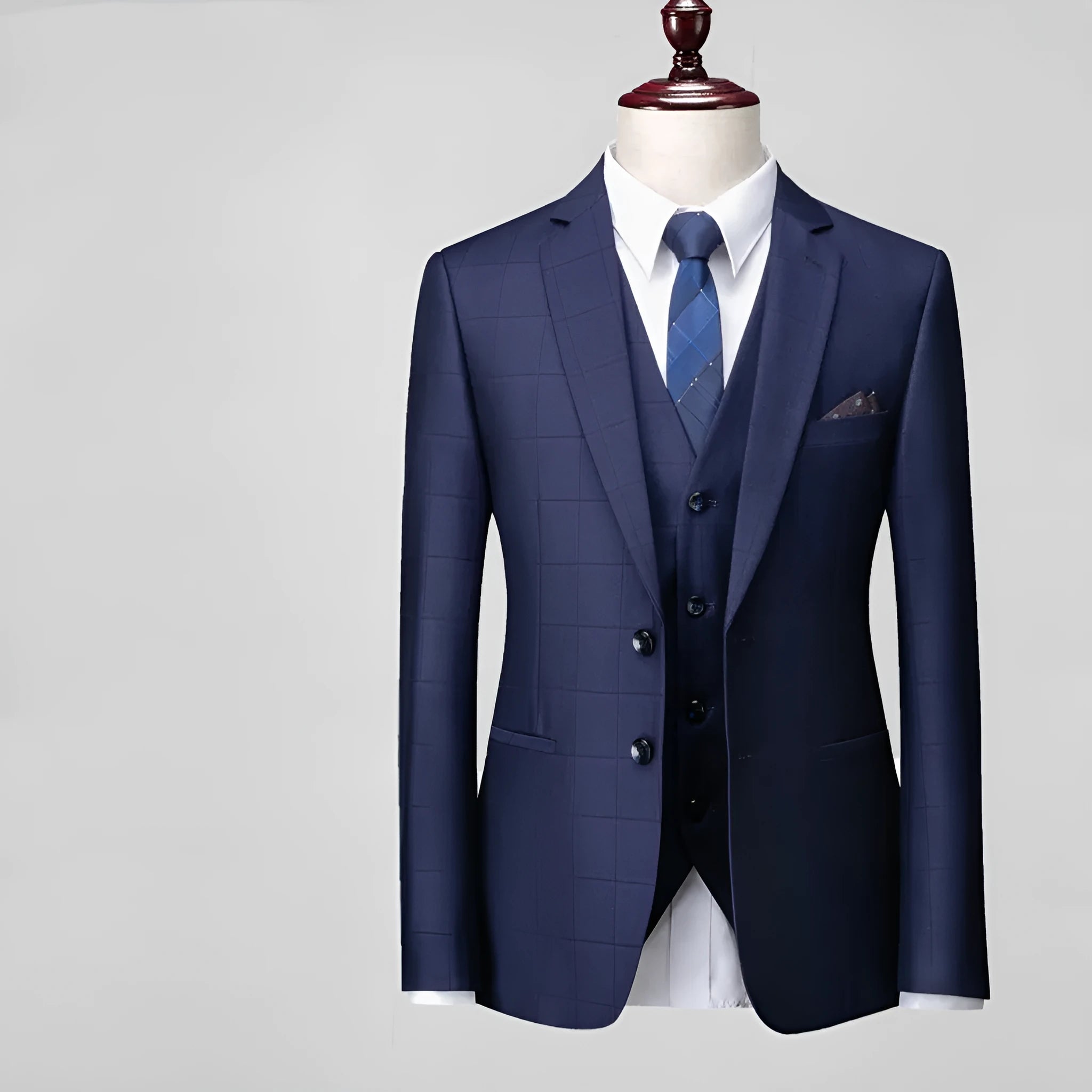 Men's navy blue slim fit plaid three-piece business casual suit with vest