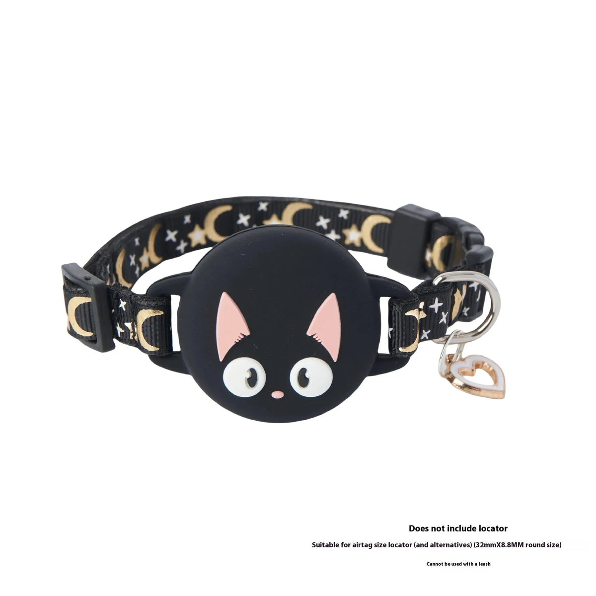 Pink plastic AirTag protective case for cat collar, shown with adjustable band and Apple AirTag.