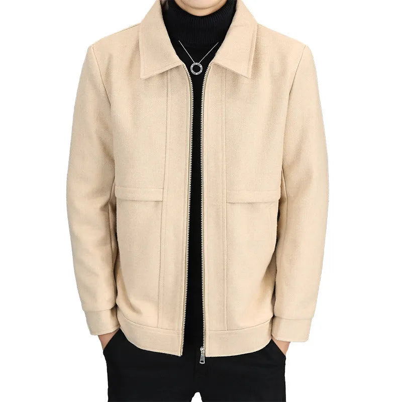 Men's khaki casual jacket with a polo collar and side seam pockets.