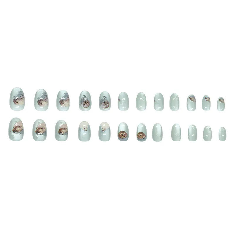Short oval summer ocean cat eye press-on nails with glue for ladies, cute wearable plastic nail set