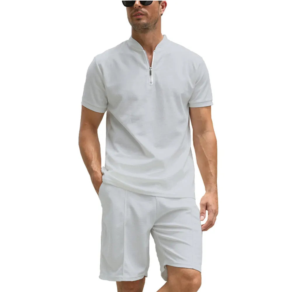 Men's solid colour polo shirt and trousers two-piece set in textured beaded bird's eye polyester fabric