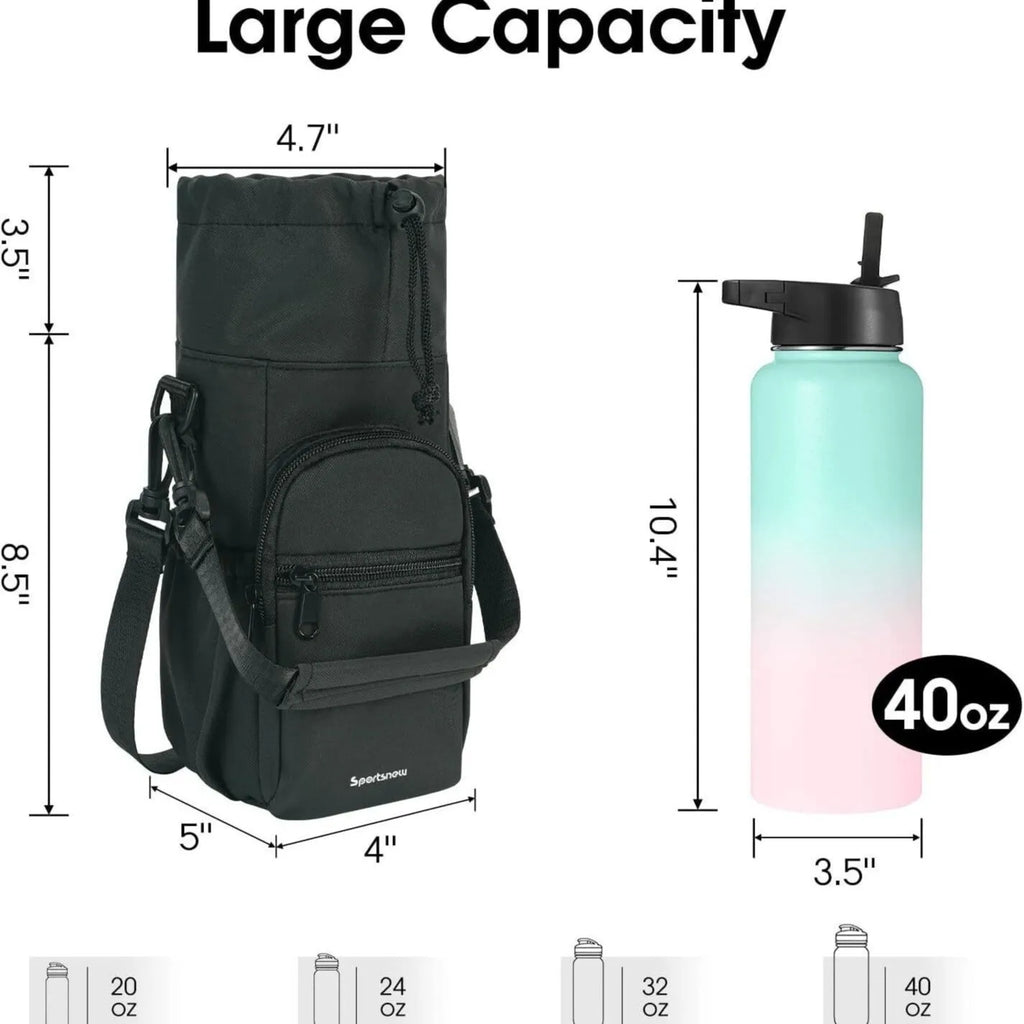 Cloth water bottle shoulder bag in black, green, or pink colours with a drawstring closure.
