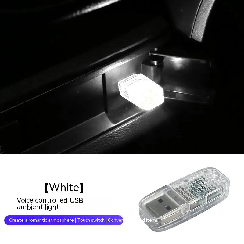 USB car ambient light with touch controls and voice-activated RGB colour changing modes