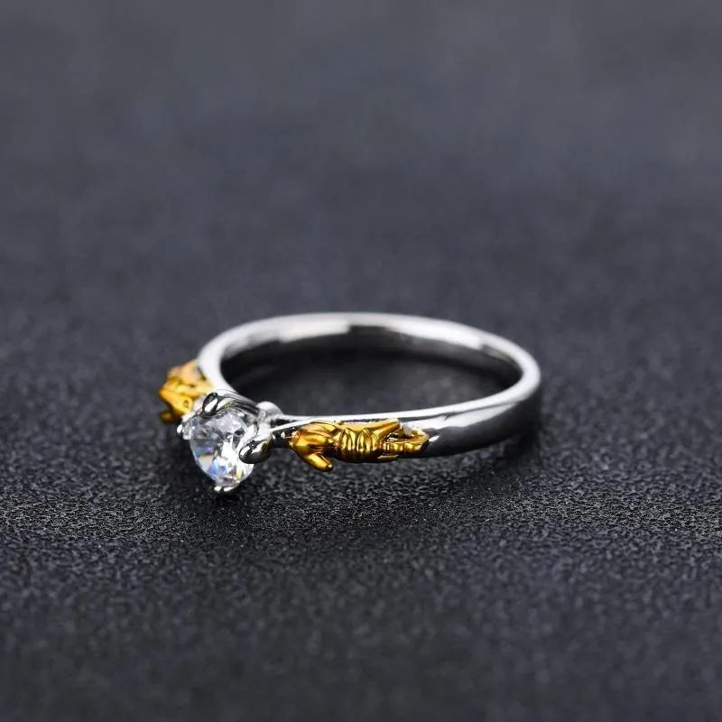 Black gold copper crown ring for cosplay and costume events on a size 8 finger.