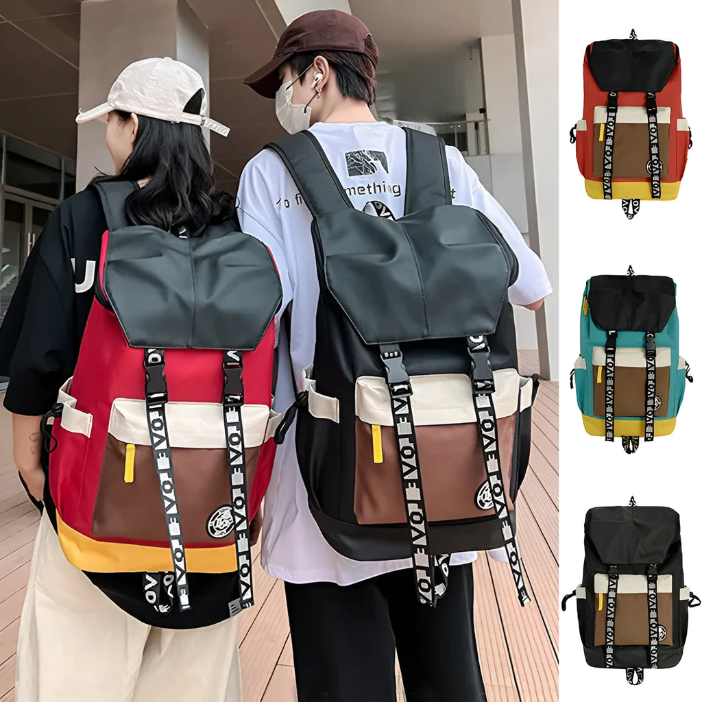 Oxford cloth backpack in black, green or red with 32cm width and 46cm height dimensions