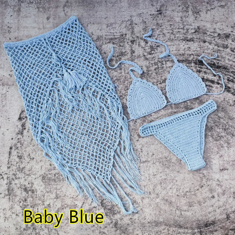 Handmade crochet bikini swimsuit set with matching beach skirt in acrylic fabric