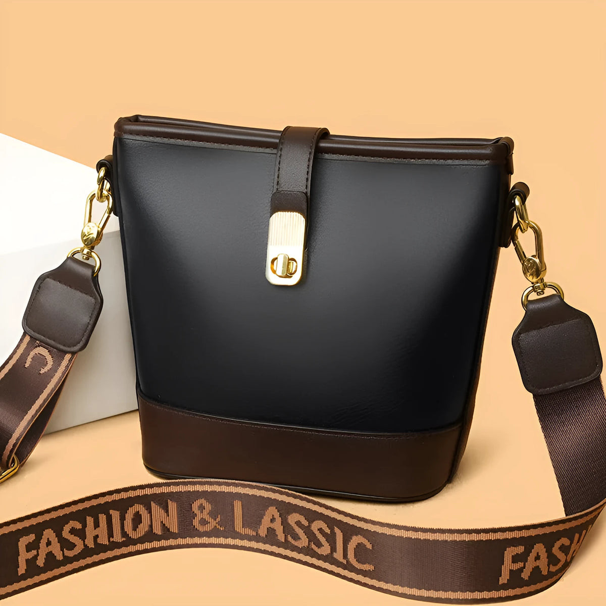 Korean style soft PU leather bucket bag with interior organisation compartments and double shoulder straps