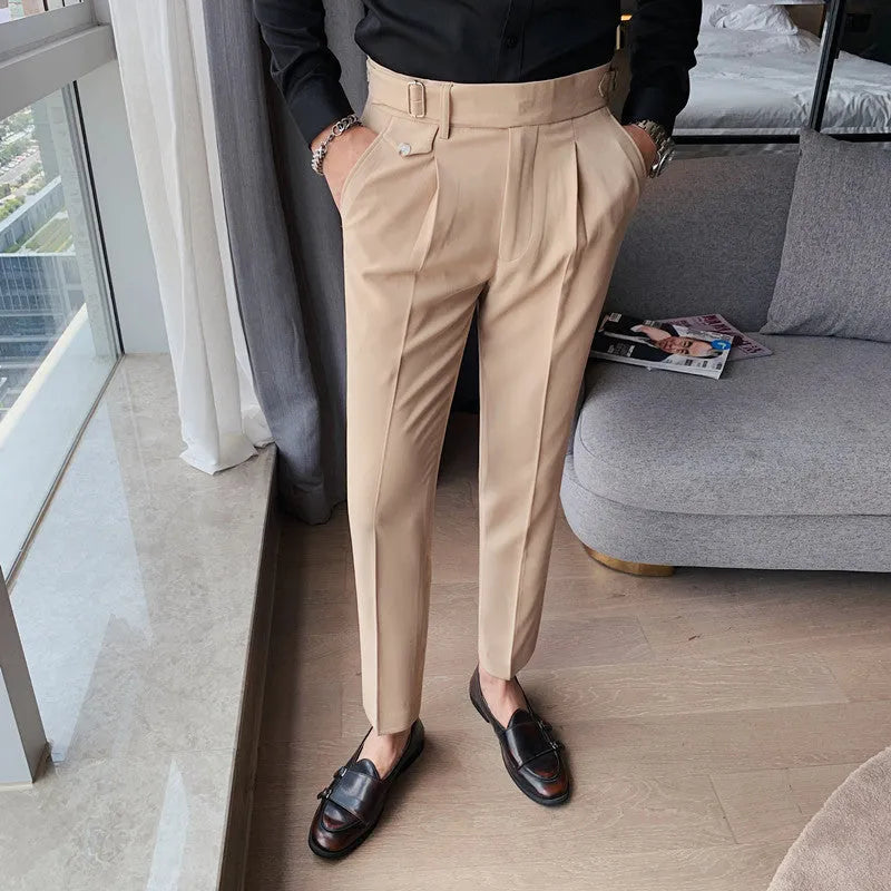 Straight leg casual trousers in polyester fabric showing multiple colour options and sizing from 29 to 36