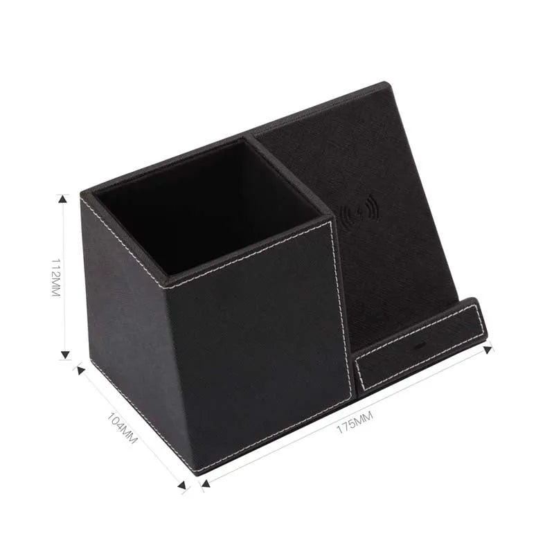 Black leather desk organiser with wireless phone charger and pen holder slot