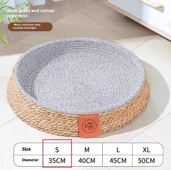 Natural rattan woven cat nest bed available in four different sizes for feline comfort