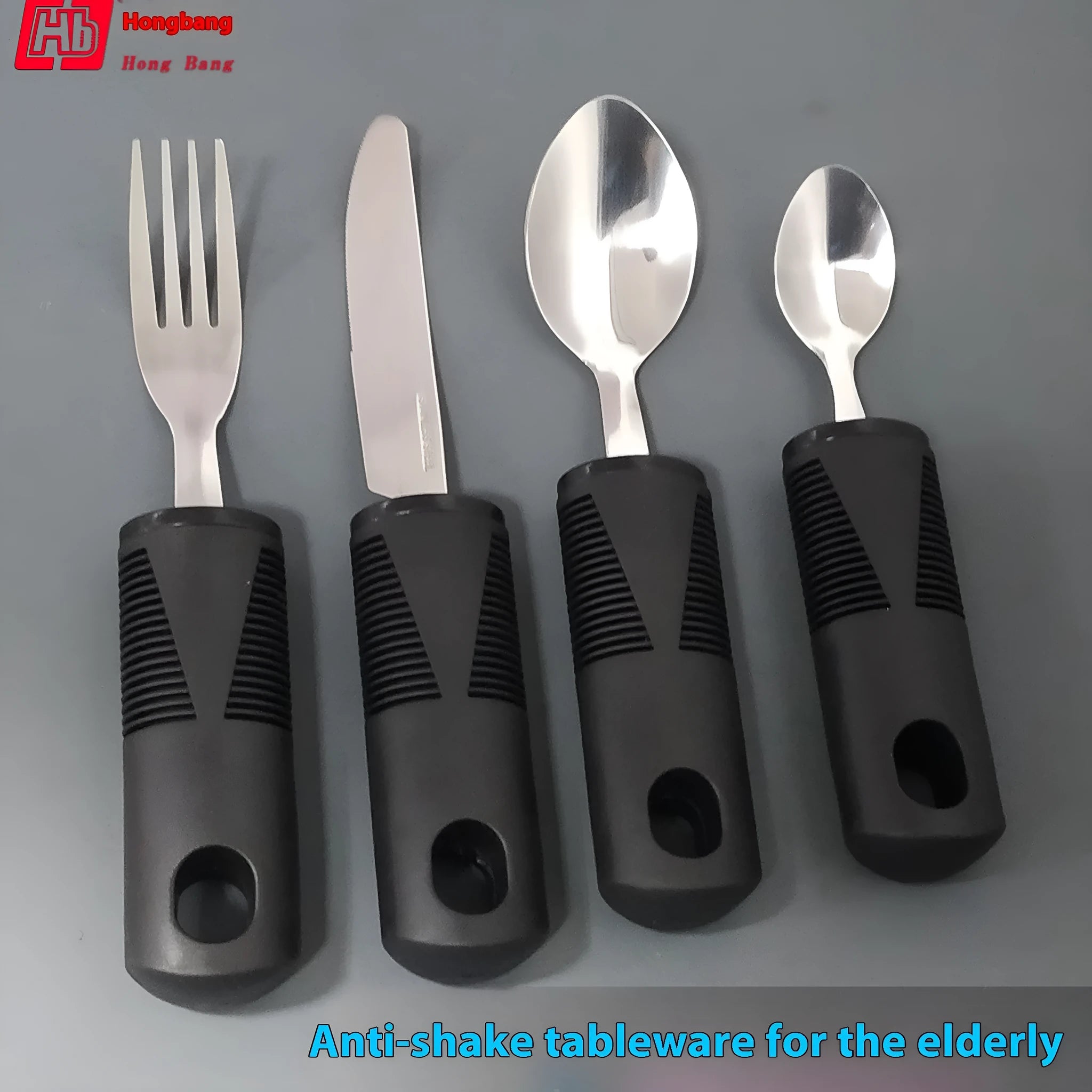 Stainless steel adaptive utensils with rubber handles for elderly anti-shake food assistance