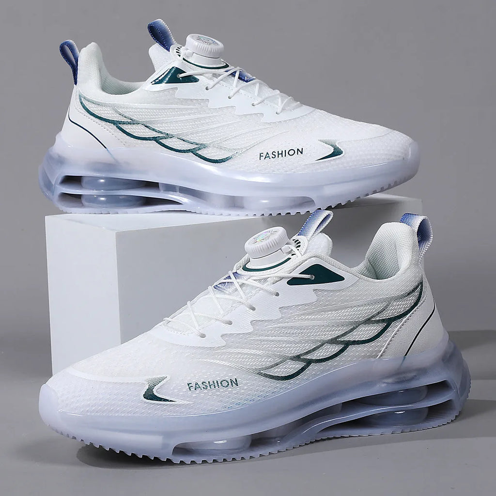 White men's low-top casual running shoes with rotating button closure and mesh upper.