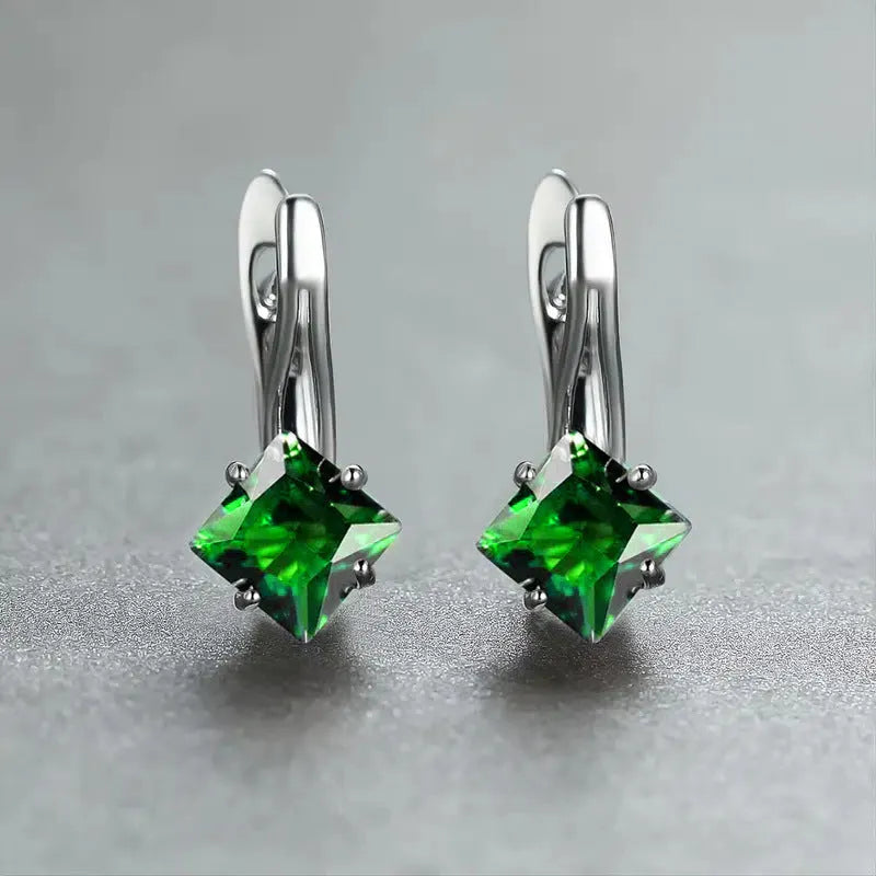 Women's copper earrings with diamond design and zircon inlays in blue, green, and colour options