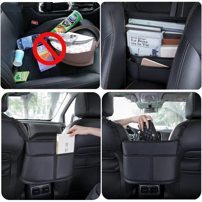 Black leather car seat storage bag with carbon fibre pattern measuring 38 by 24 by 15 centimetres