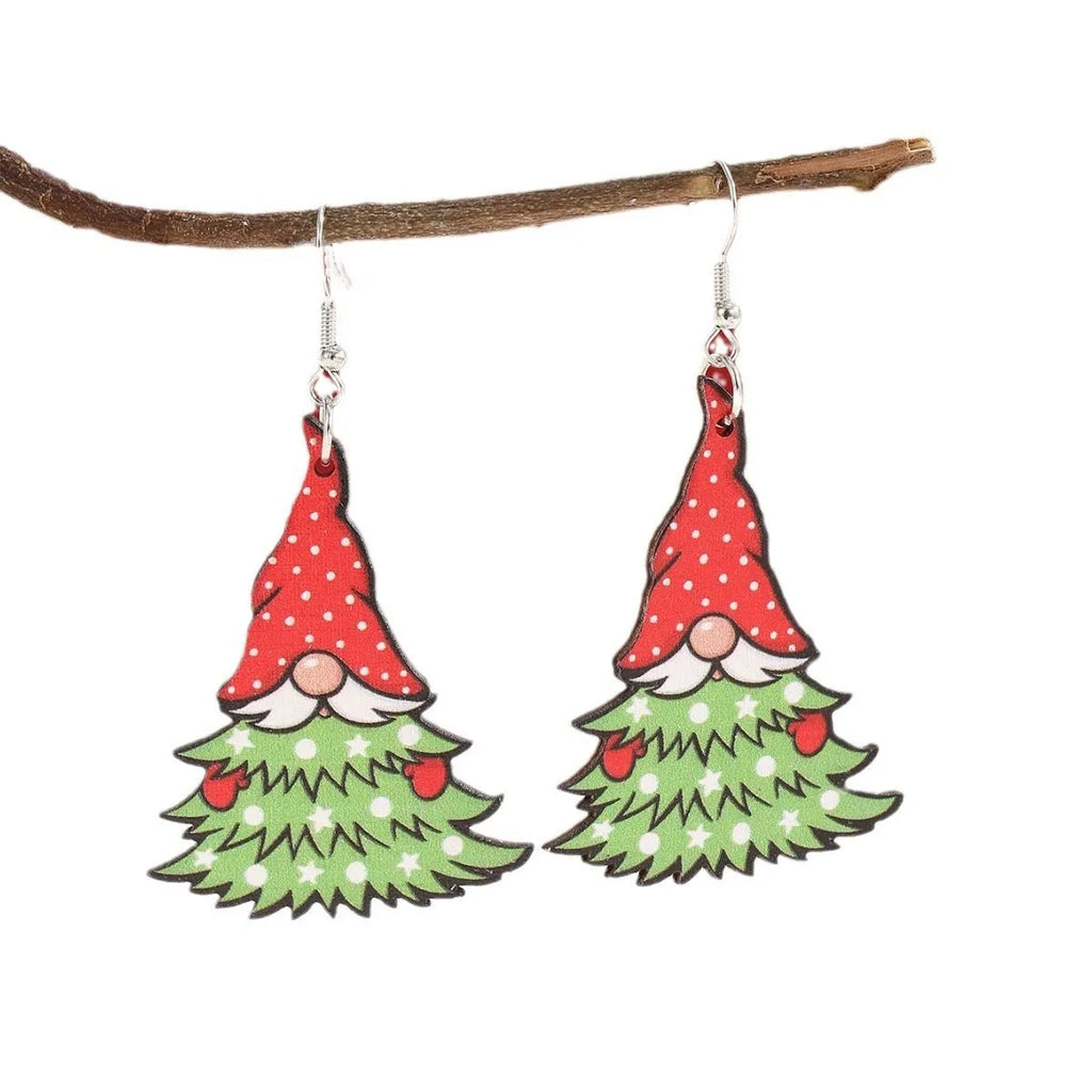 Wooden Christmas earrings with printed Santa Claus designs in Christmas Tree and Snowman styles