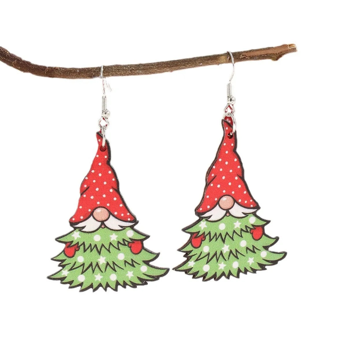 Wooden Christmas earrings with printed Santa Claus designs in Christmas Tree and Snowman styles