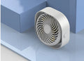 USB-powered alarm clock style desk fan with rotating head in blue, pink, white, or green.