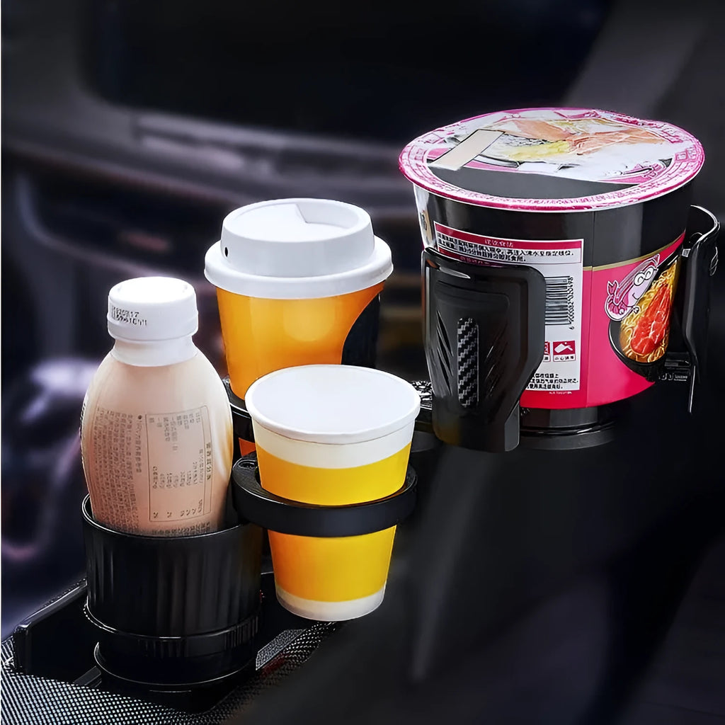 Carbon fibre black adjustable car cup holder with retractable base extended.