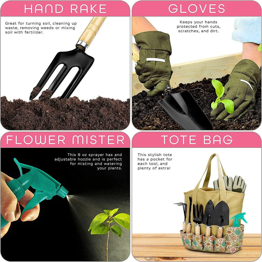 8-piece stainless steel gardening tool set with wooden storage box showing trowel, transplanter, weeder, cultivator, pruner, and digging fork