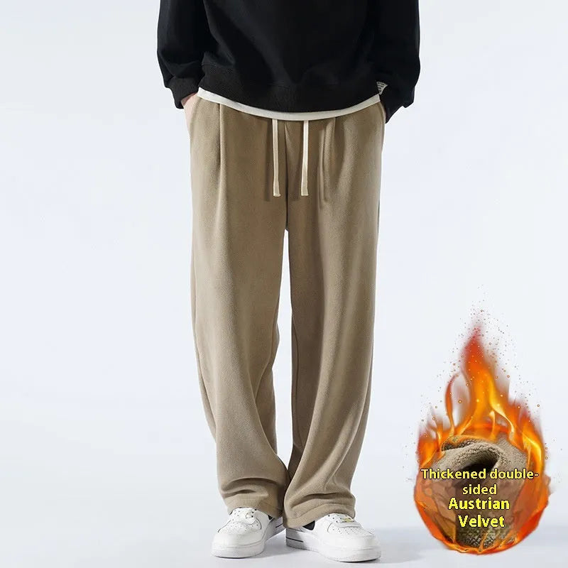 Men's apricot double-sided polar fleece casual trousers with a drawstring waistband, shown laid flat.