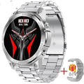 Black sports smartwatch with round AMOLED screen on silicone strap, showing always-on display with fitness metrics.