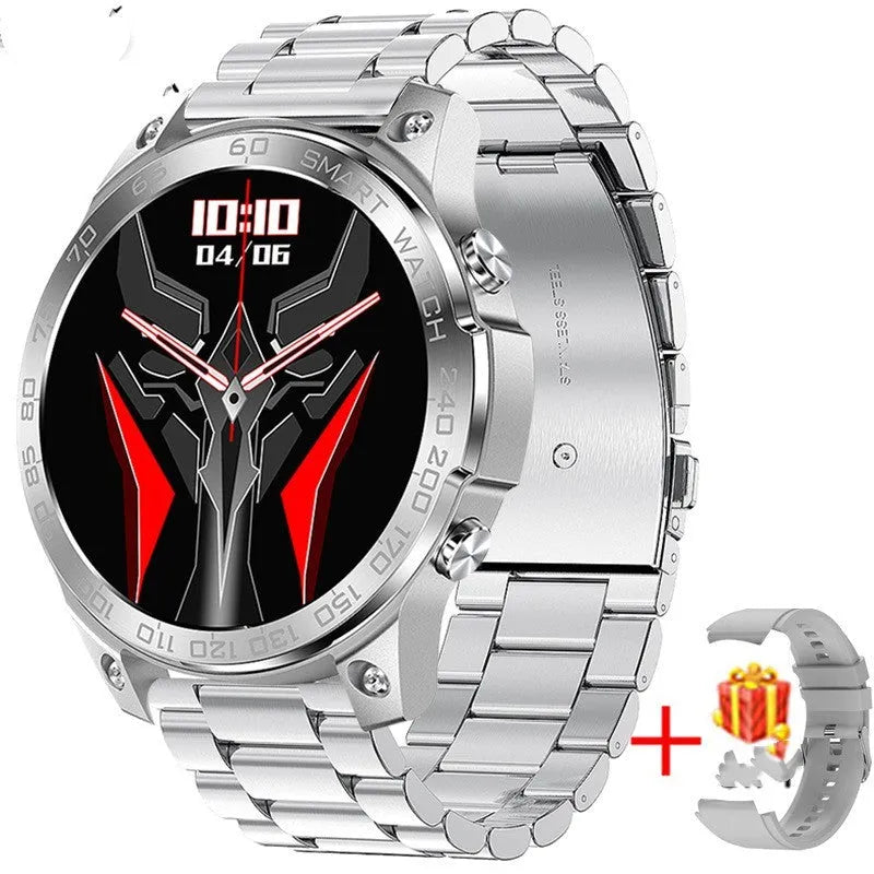 Black sports smartwatch with round AMOLED screen on silicone strap, showing always-on display with fitness metrics.