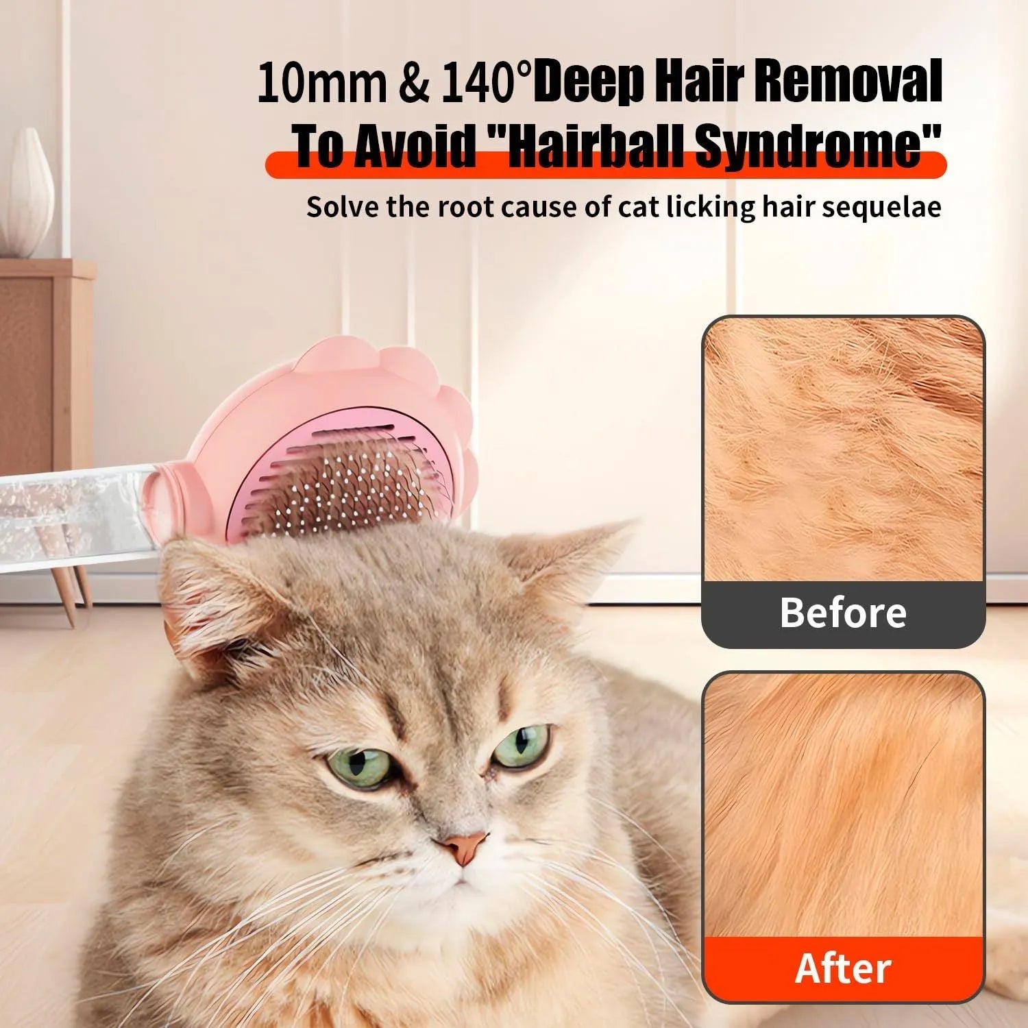 Grey, green, and pink spray cat brush with a release button and curved stainless steel bristles.