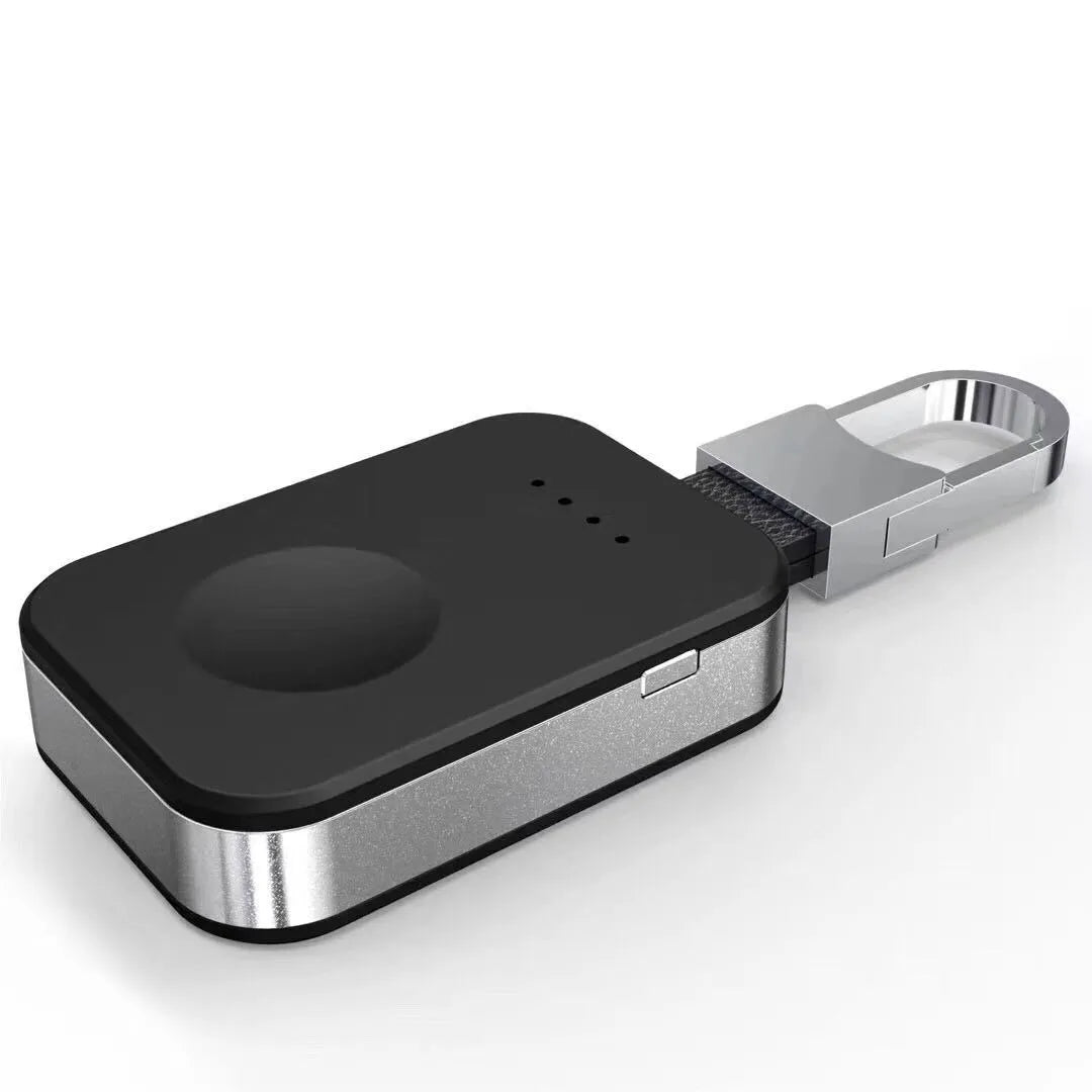 Black Apple Watch wireless power bank charger with keychain attachment showing dimensions