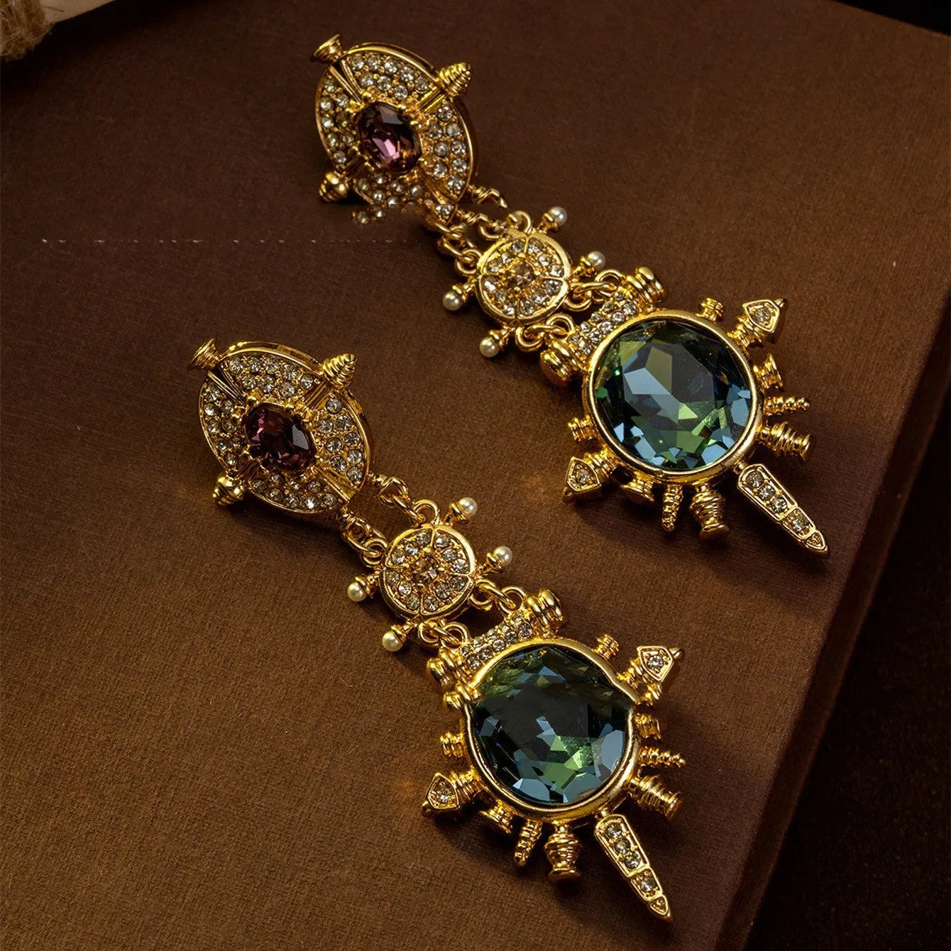 Gold geometry stud earrings with retro styling and diamond treatment surface