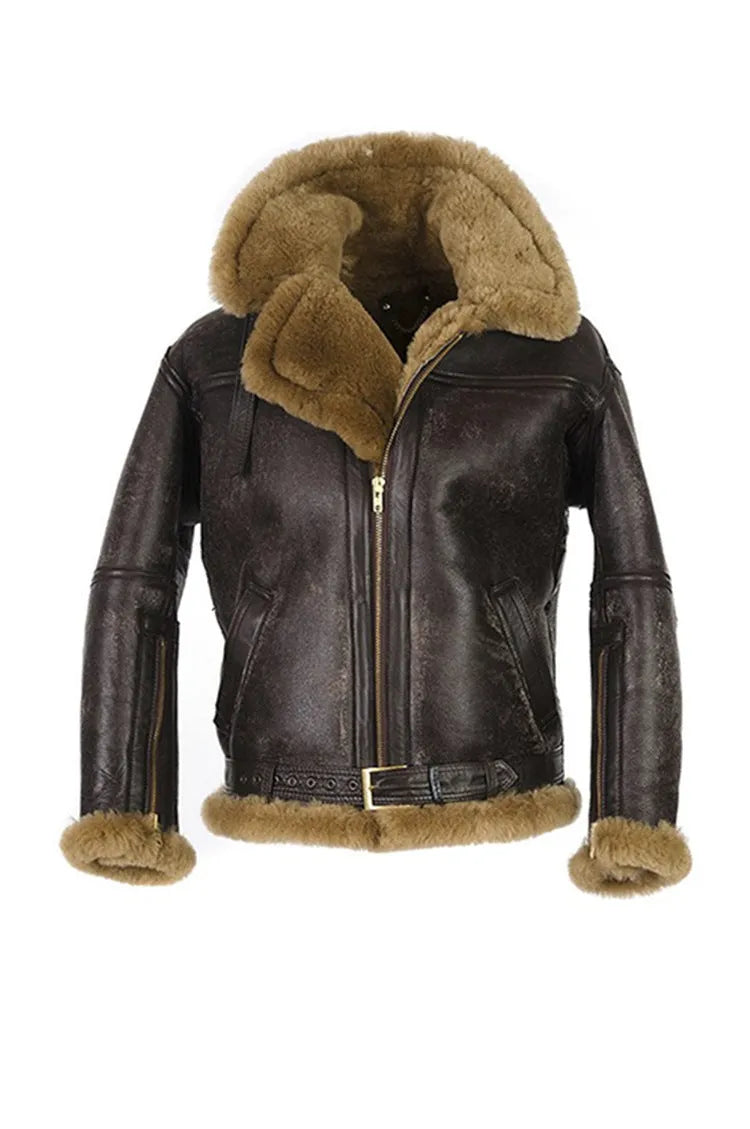 Men's retro synthetic leather fur coat with polyester lining and side seam pockets