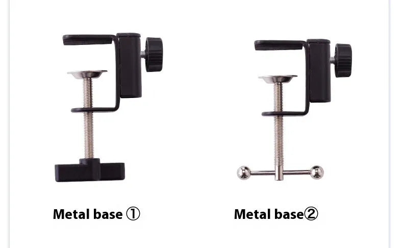 Black foldable metal cantilever bracket holding a tablet on a desk.