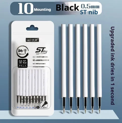 Pack of ten quick-drying ballpoint pen refills in black, red, blue, and ink blue colours.