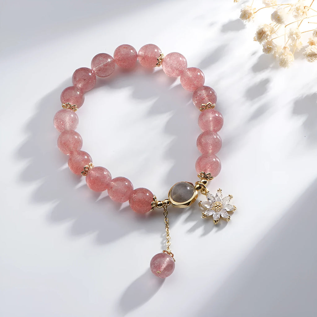 Strawberry quartz crystal bracelet with floral design in Mori and Korean style